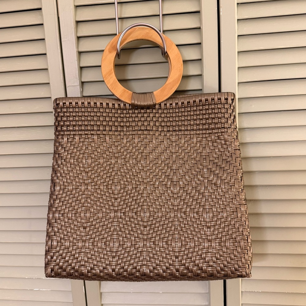 Madera Gold Woven Tote Handbag with Wooden Handles